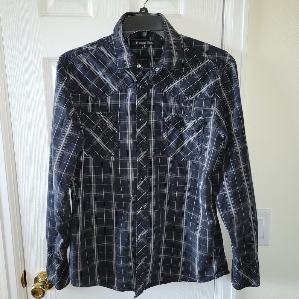Carbon Black Western Shirt‎ Size Large Black White Plaid Pearl Snap Long Sleeve